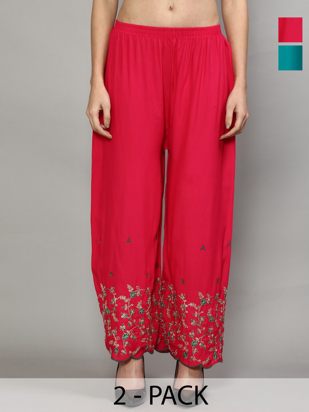 

Jinfo Pack Of 2 Floral Embroidered Flared Knitted Ethnic Palazzos, Pink