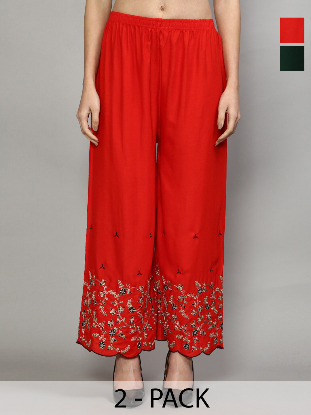 

Jinfo Pack Of 2 Floral Printed Flared Knitted Ethnic Palazzos, Red