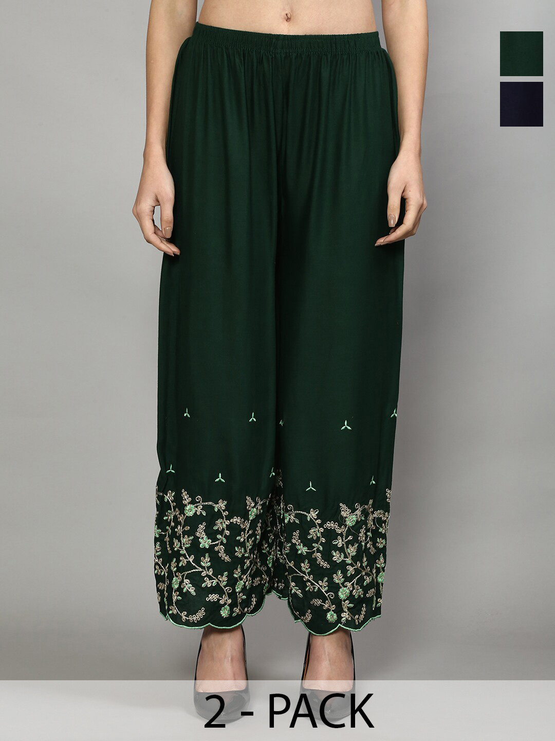 

Jinfo Pack Of 2 Floral Embroidered Flared Knitted Ethnic Palazzos, Green