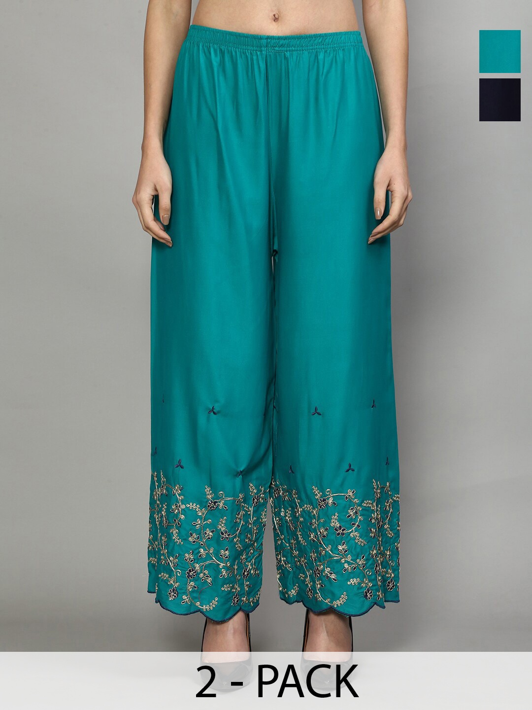 

Jinfo Pack of 2 Floral Embroidered Flared Palazzos, Turquoise blue
