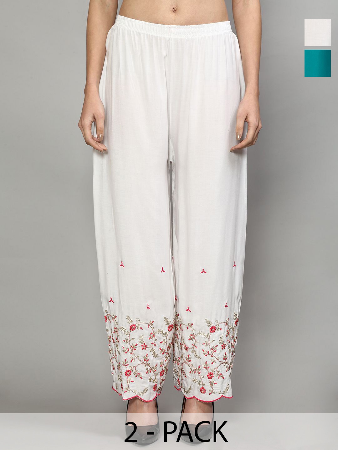

Jinfo Pack of 2 Floral Embroidered Flared Palazzos, White