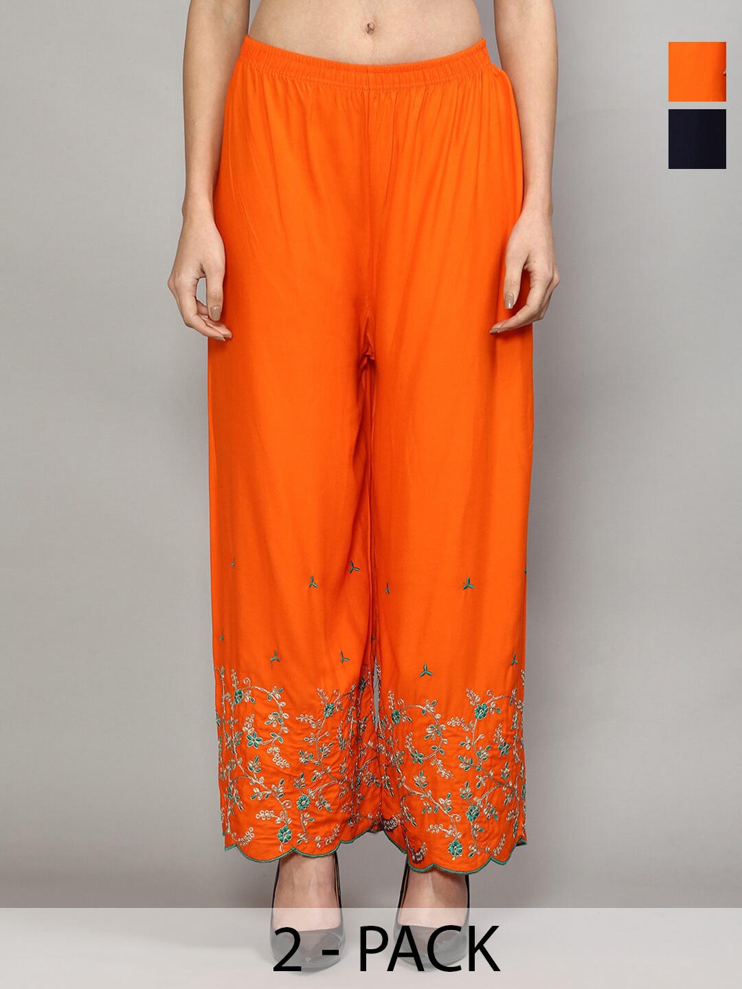 

Jinfo Pack Of 2 Floral Embroidered Flared Knitted Ethnic Palazzos, Orange