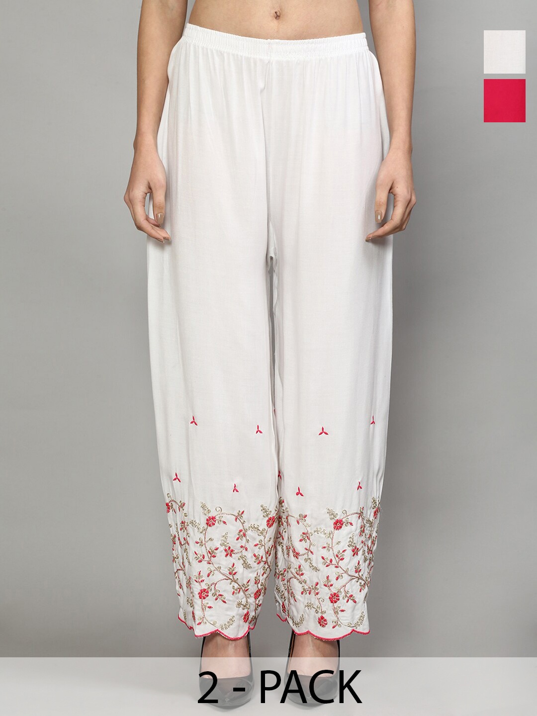 

Jinfo Pack Of 2 Floral Embroidered Flared Knitted Ethnic Palazzos, White