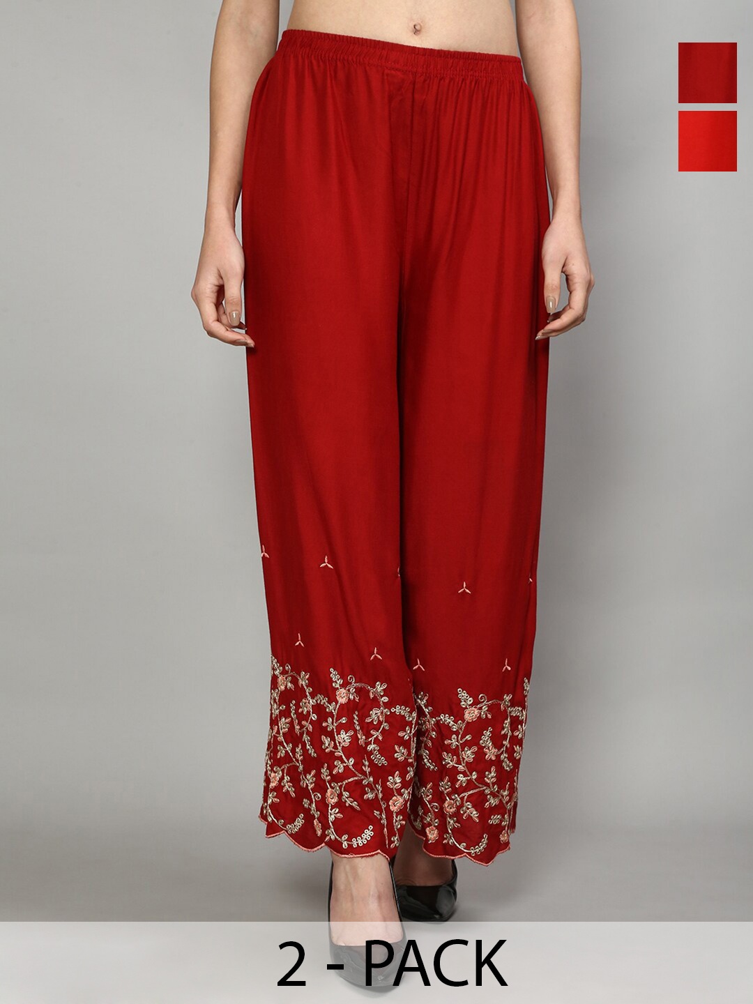 

Jinfo Pack Of 2 Floral Embroidered Flared Knitted Ethnic Palazzos, Red