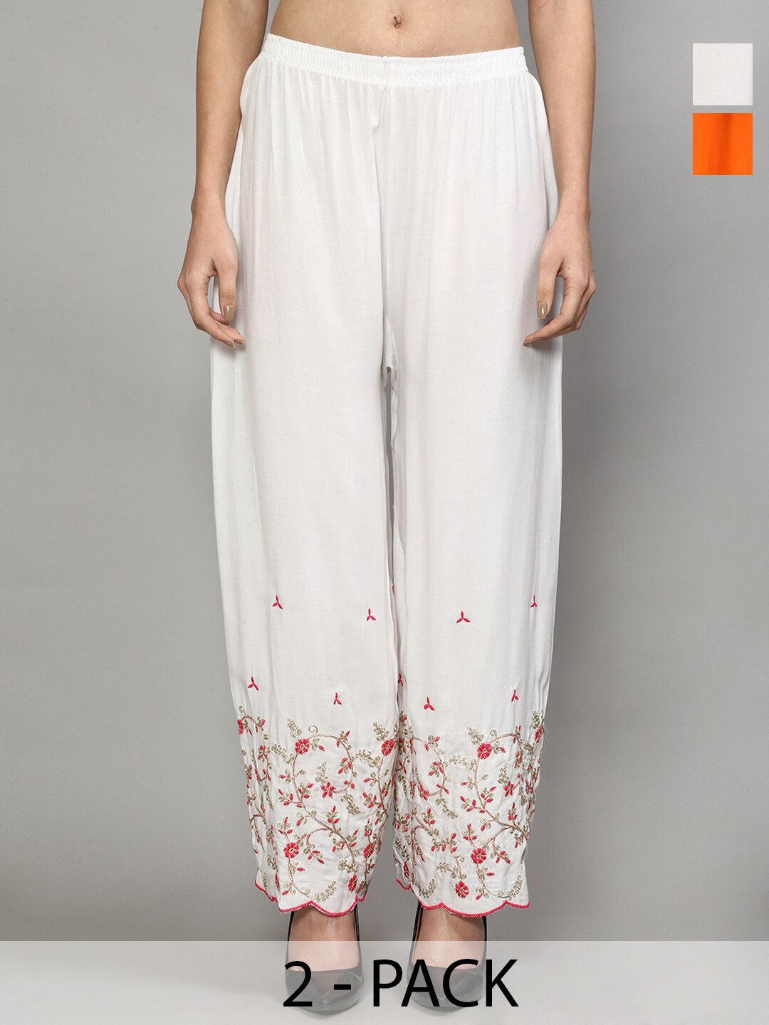 

Jinfo Pack of 2 Floral Embroidered Flared Palazzos, White