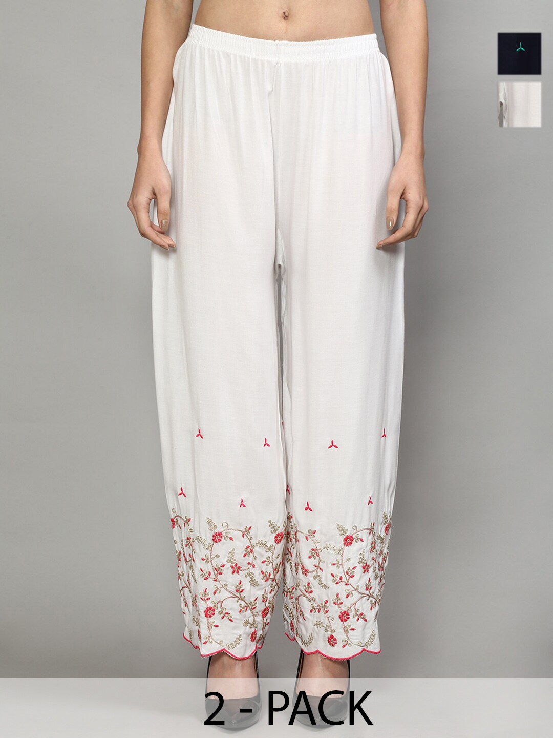 

Jinfo Pack Of 2 Floral Embroidered Flared Knitted Ethnic Palazzos, White