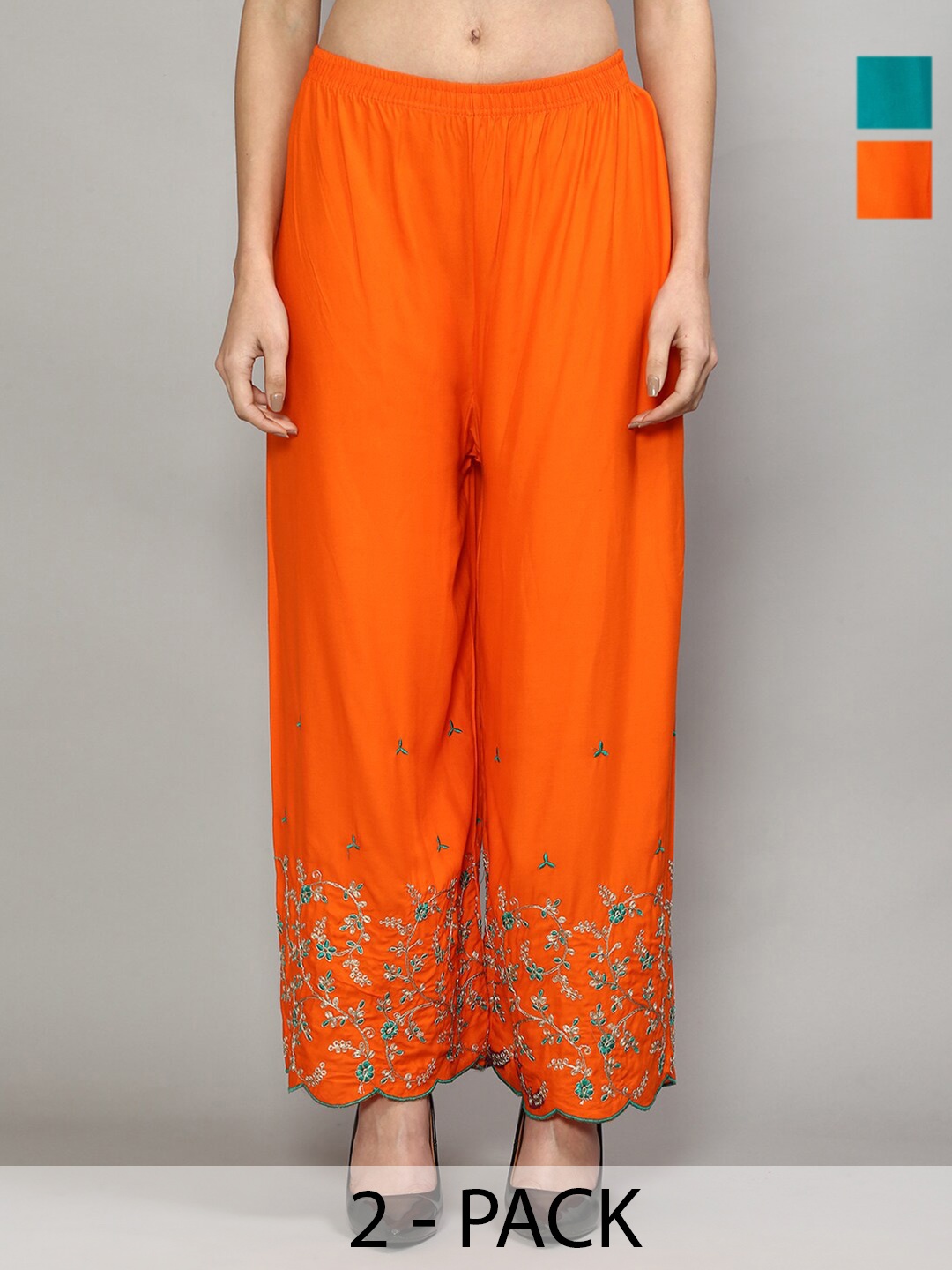 

Jinfo Pack Of 2 Floral Embroidered Flared Knitted Ethnic Palazzos, Orange