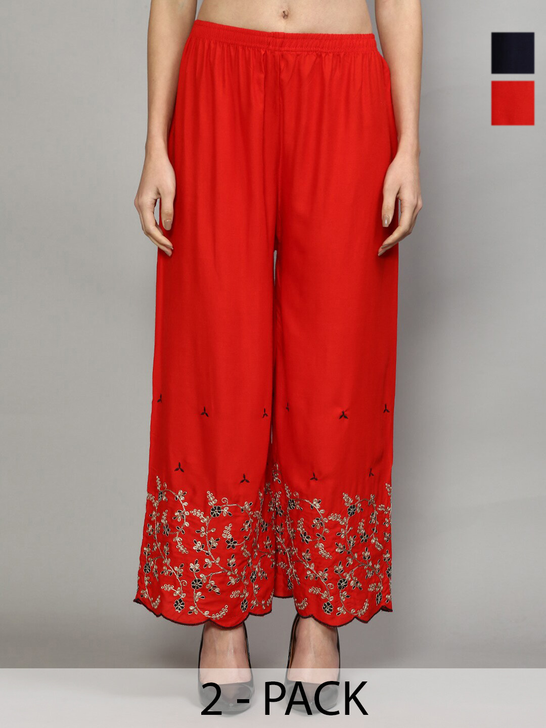 

Jinfo Pack Of 2 Floral Embroidered Flared Knitted Ethnic Palazzos, Red