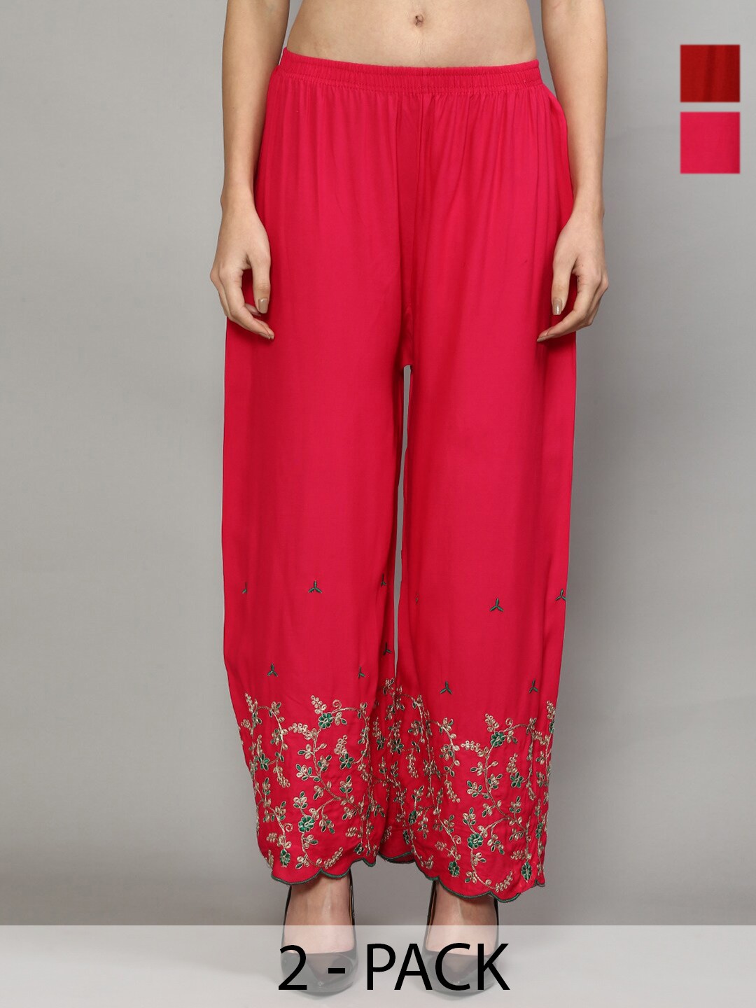 

Jinfo Pack Of 2 Floral Embroidered Flared Knitted Ethnic Palazzos, Pink