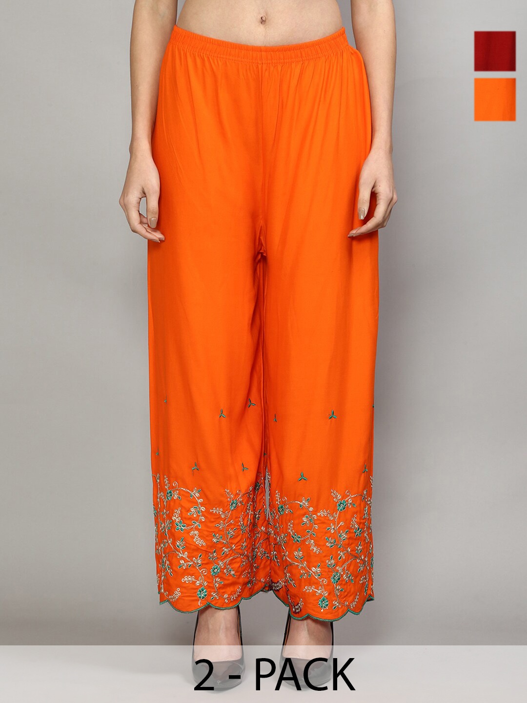 

Jinfo Pack of 2 Floral Embroidered Flared Palazzos, Orange