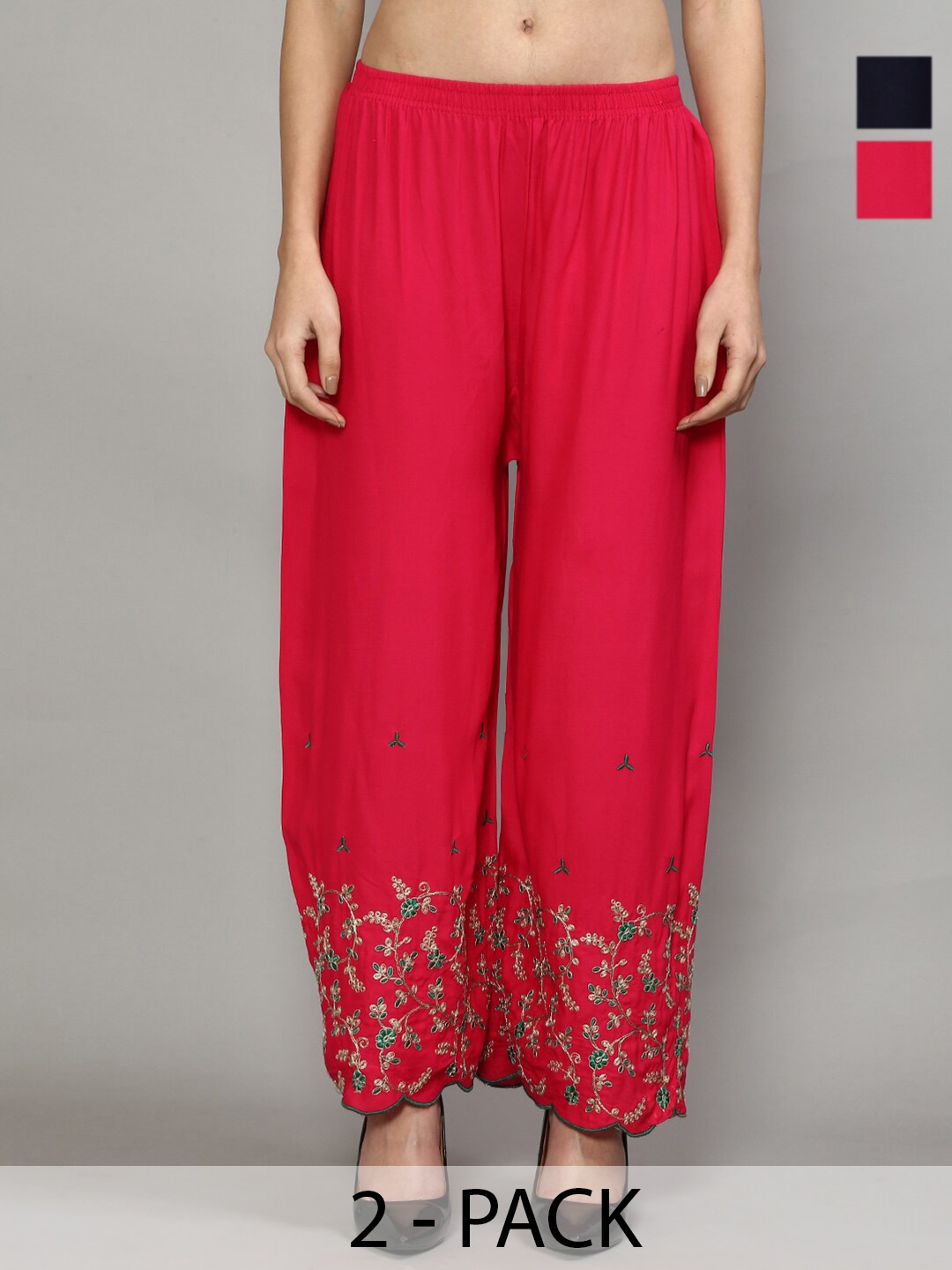 

Jinfo Pack Of 2 Floral Embroidered Flared Knitted Ethnic Palazzos, Pink