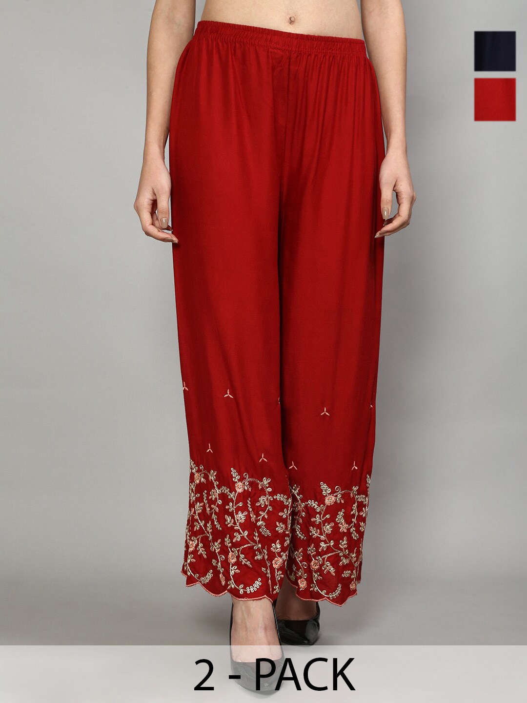 

Jinfo Pack of 2 Floral Embroidered Flared Palazzos, Maroon