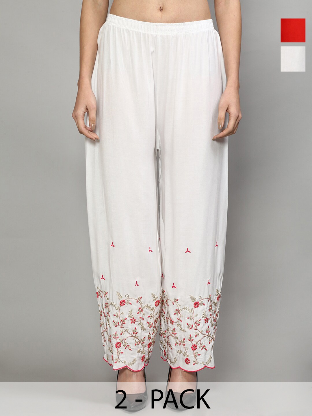 

Jinfo Pack Of 2 Floral Embroidered Flared Knitted Ethnic Palazzos, White