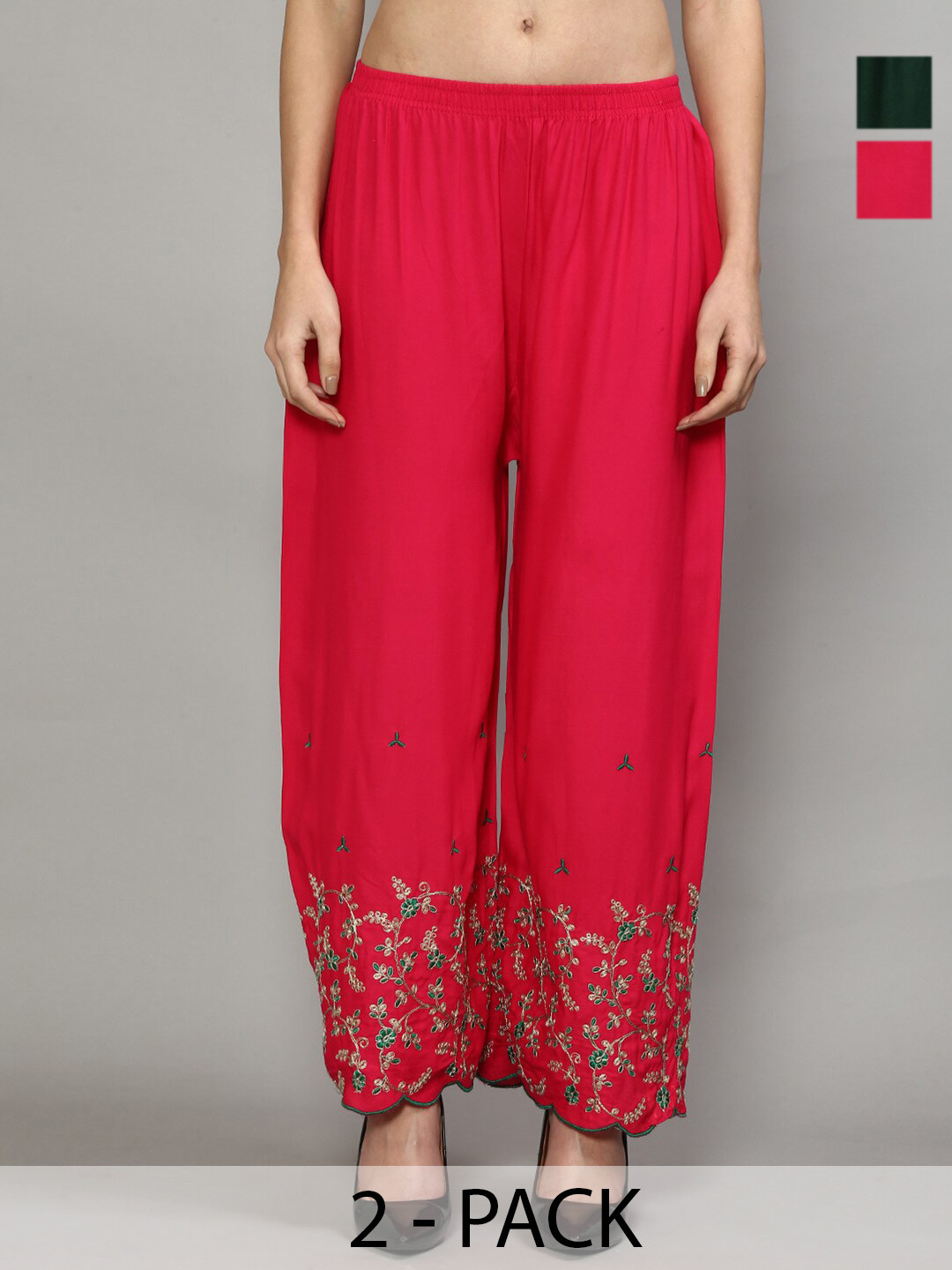 

Jinfo Pack Of 2 Floral Embroidered Flared Knitted Ethnic Palazzos, Pink