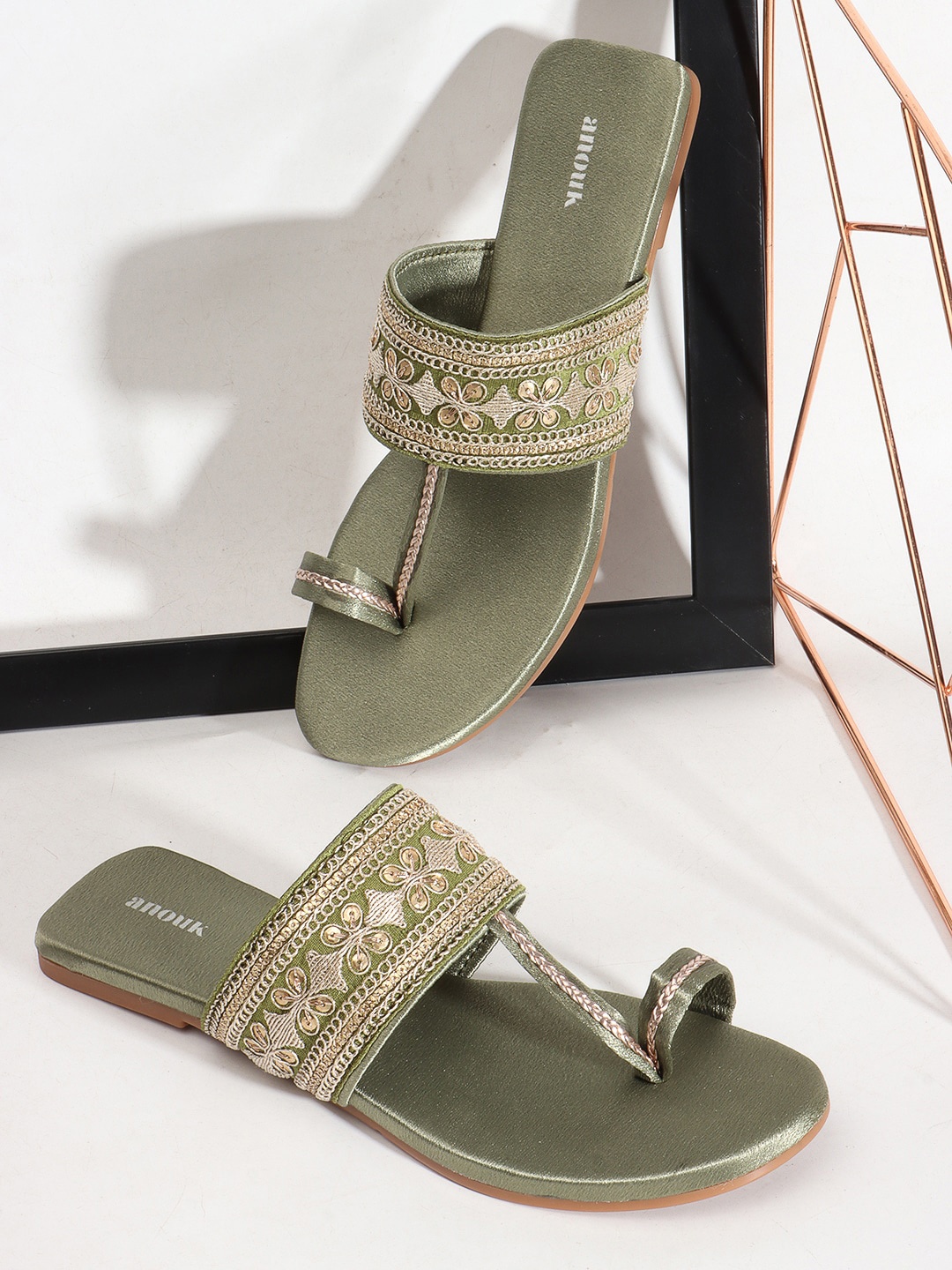 

Anouk Embroidered Open Toe Flats, Olive