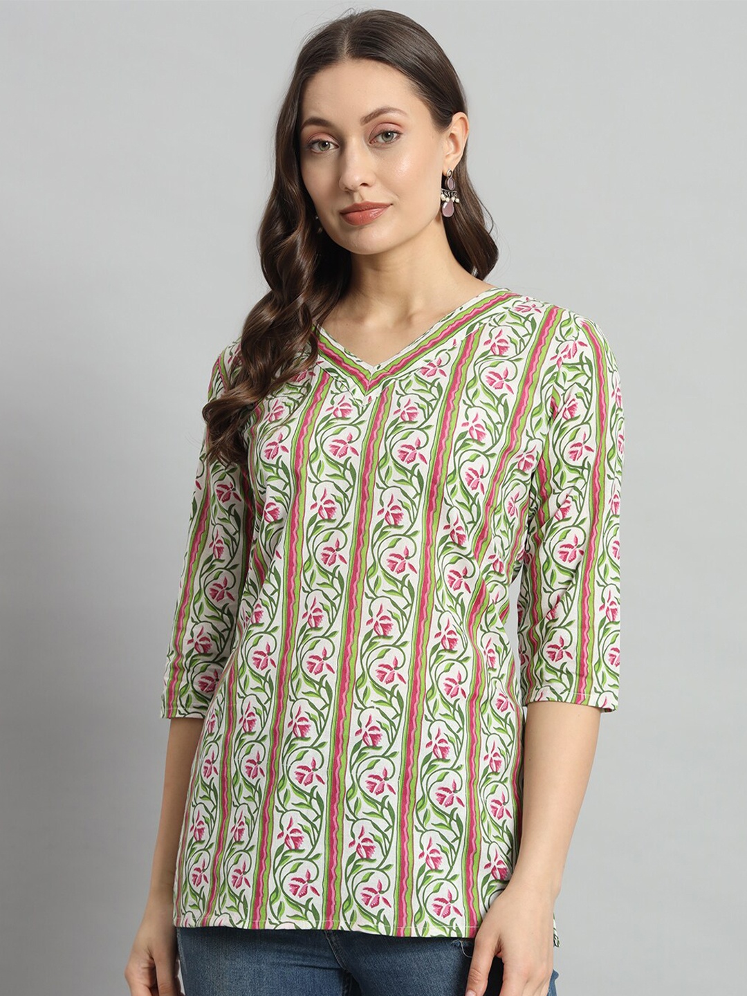 

Mialo fashion Floral Printed V-Neck Pure Cotton Kurti, Off white
