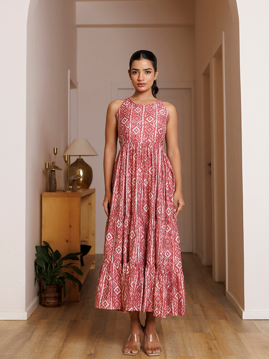 

Ragavi Geometric Printed Round Neck Cotton Fit & Flare Maxi Dress, Pink