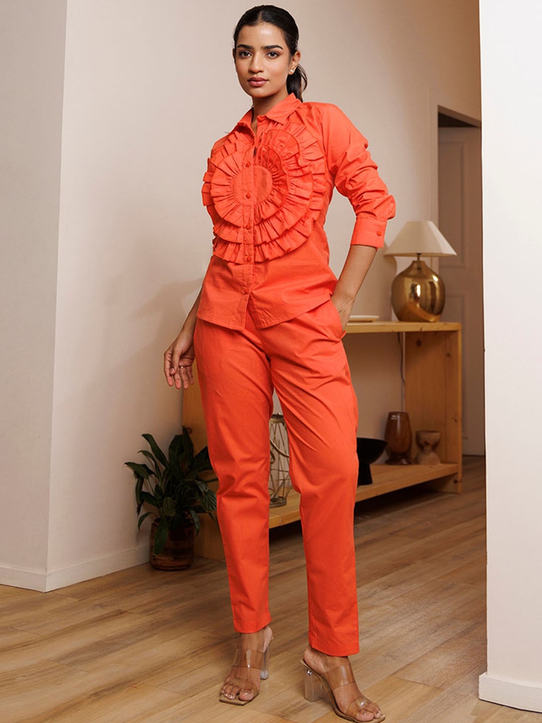 

Ragavi Self Design Shirt With Trousers Co-Ords, Orange