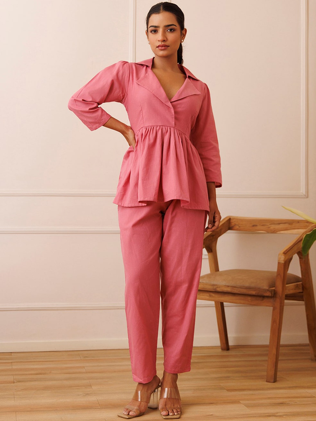 

Ragavi Notched-Collar Peplum Top With Trousers, Pink