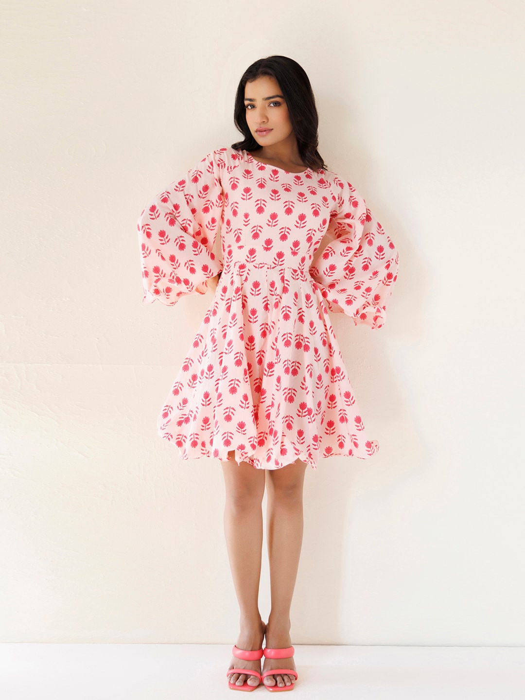

Ragavi Floral Printed Flared Sleeves Cotton Fit & Flare Dress, Pink
