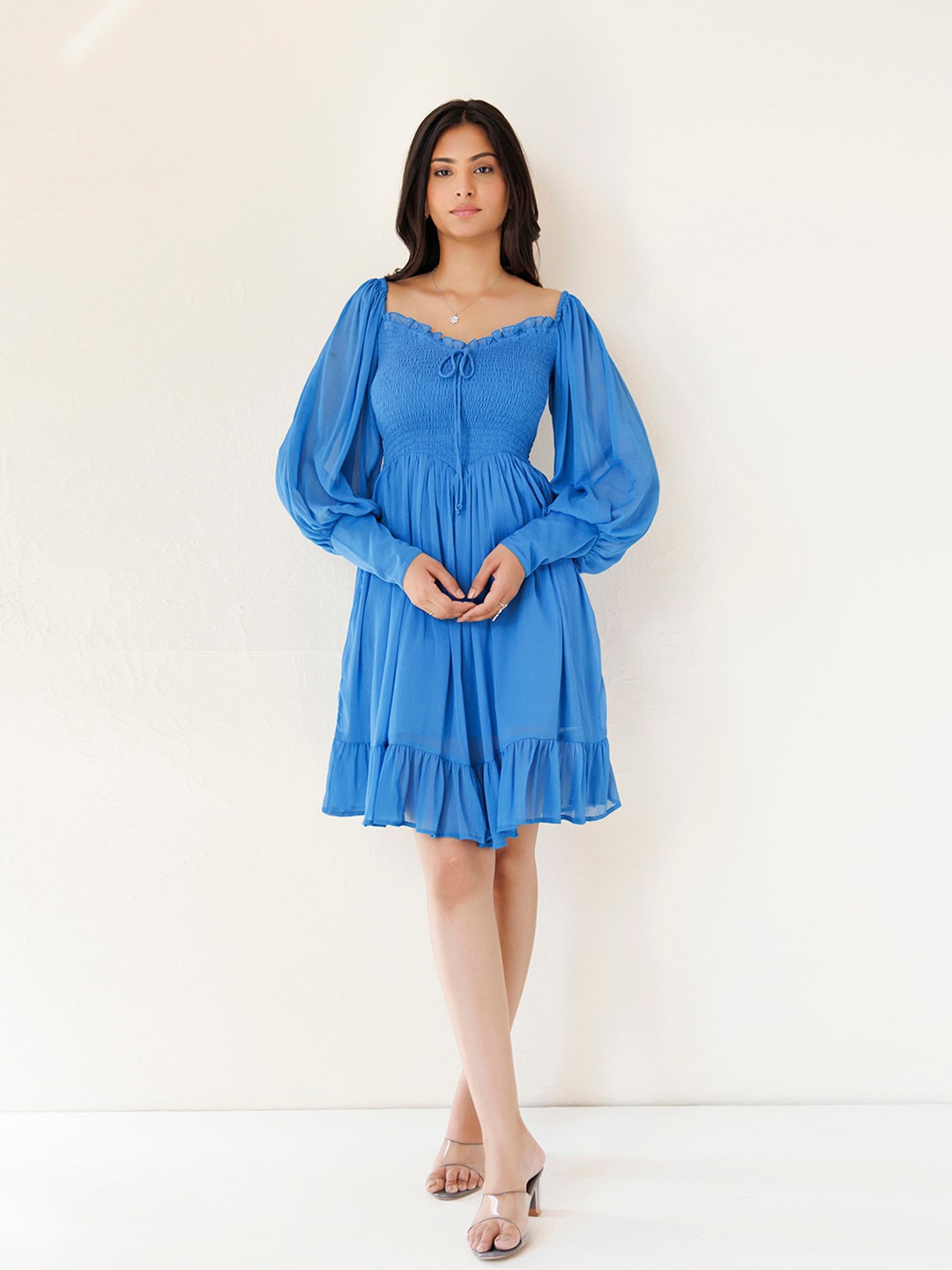 

Ragavi Puff Sleeve Chiffon Fit & Flare Dress, Blue