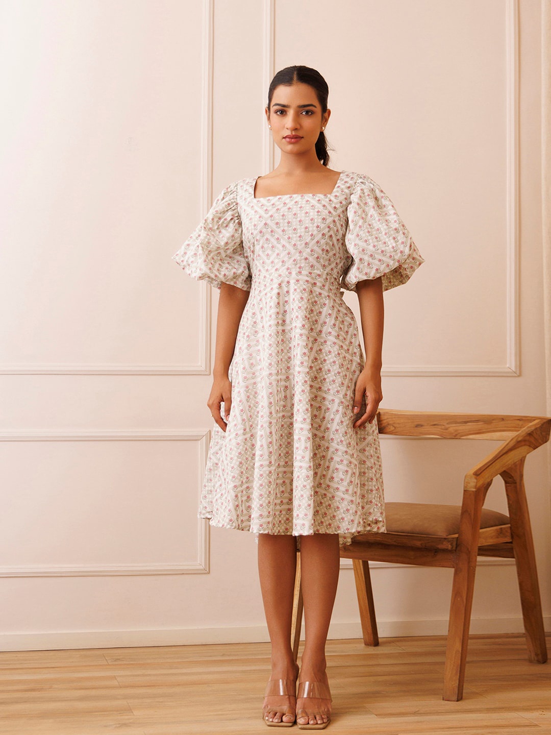 

Ragavi Floral Printed Square Neck A-Line Dress, Off white