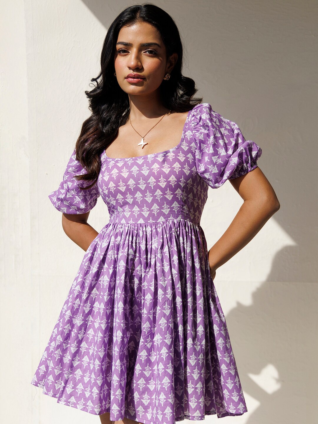 

Ragavi Floral Printed Puff Sleeve Fit & Flare Mini Dress, Purple
