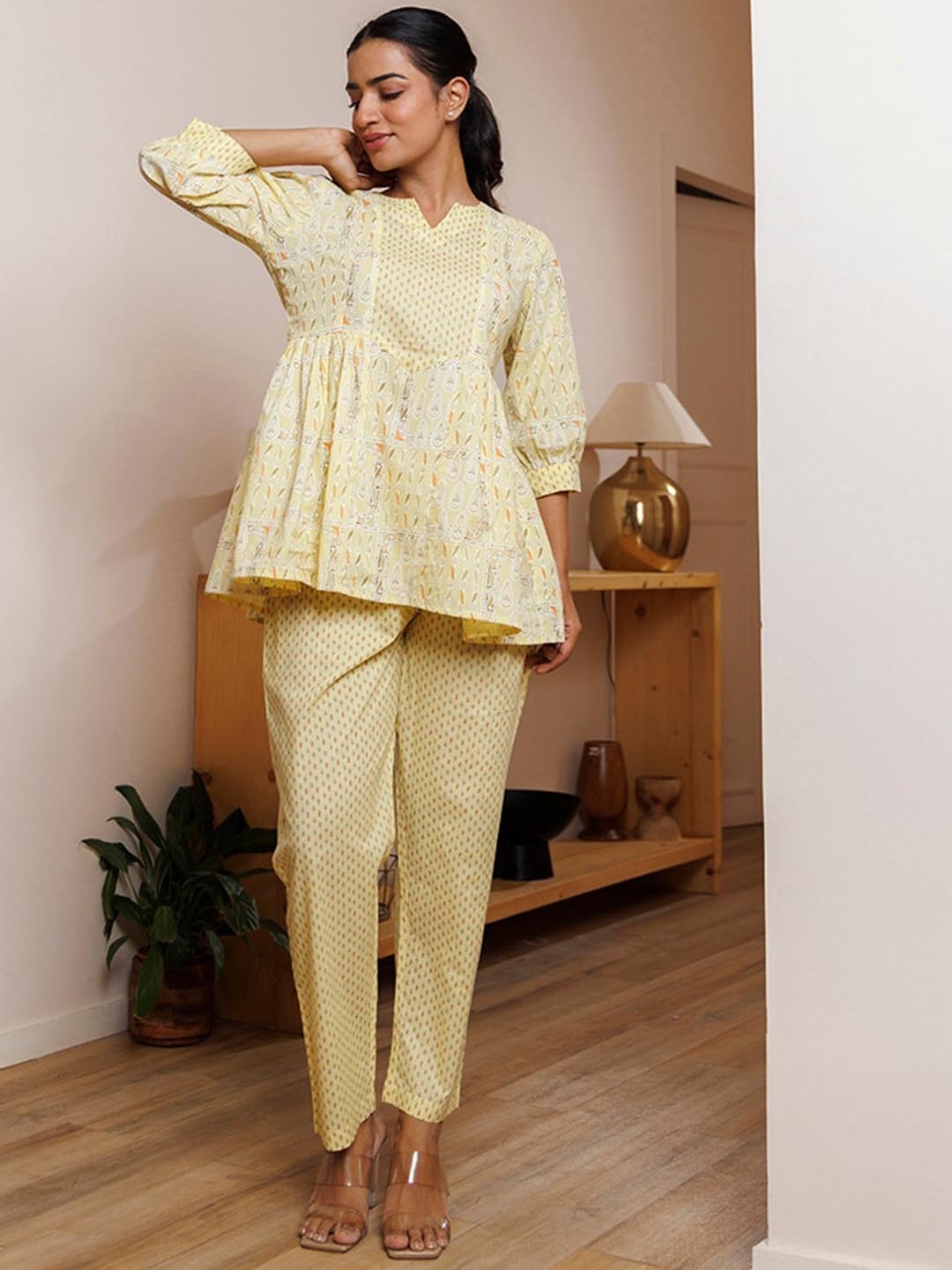 

Ragavi Printed Pure Cotton Peplum Top & Trousers, Yellow