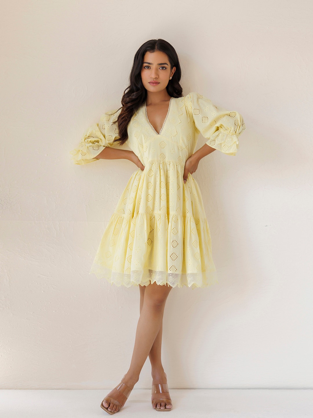 

Ragavi Floral Embroidered V-neck Schiffli Puff Sleeves Fit & Flare Dress, Yellow