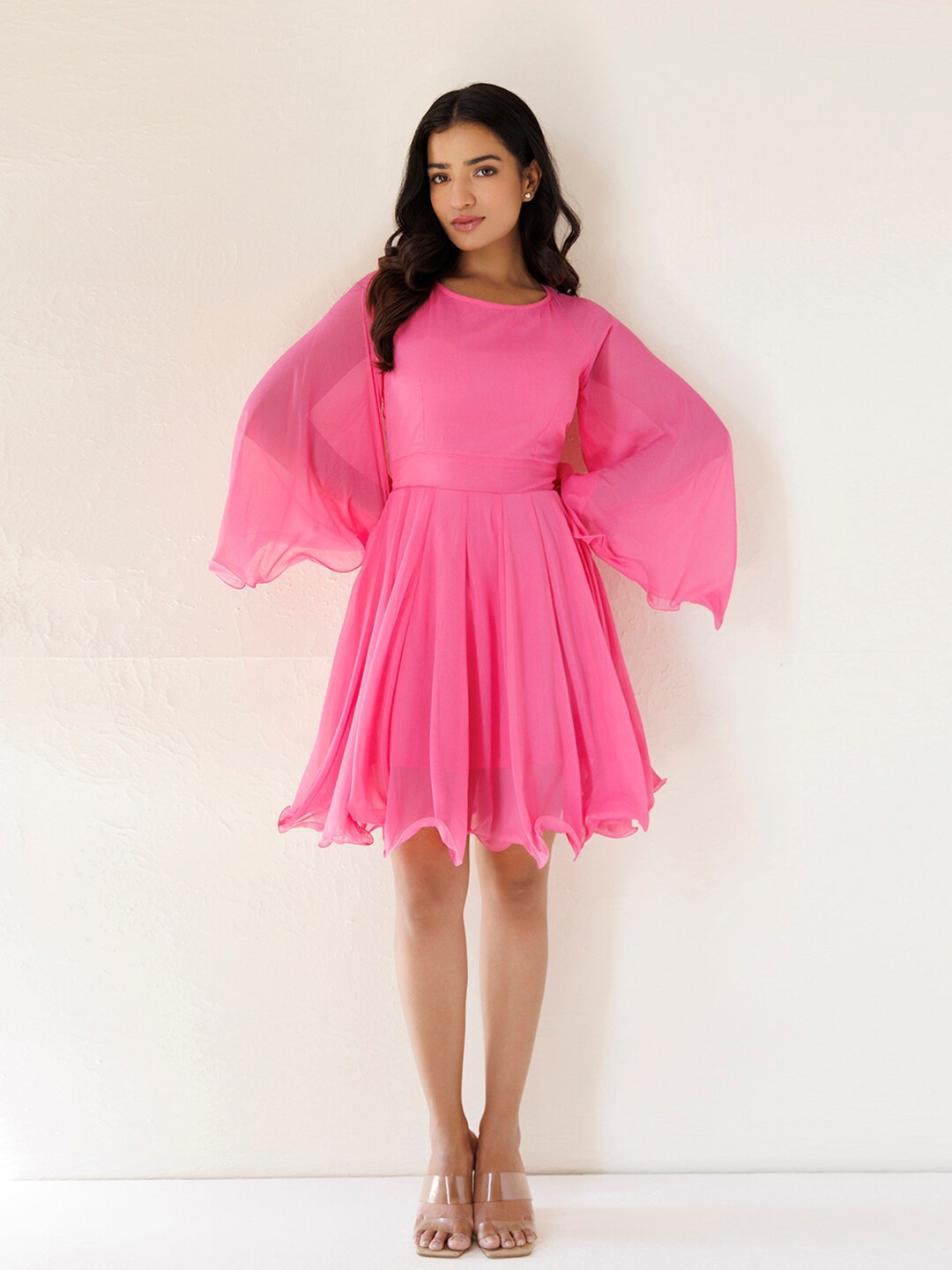 

Ragavi Flared Sleeve Chiffon Fit & Flare Dress, Pink
