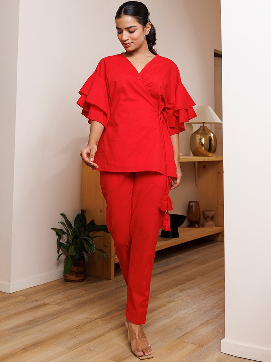 

Ragavi Scarlet Bee Balm V-Neck Flared Sleeves Pure Cotton Top & Trousers, Red