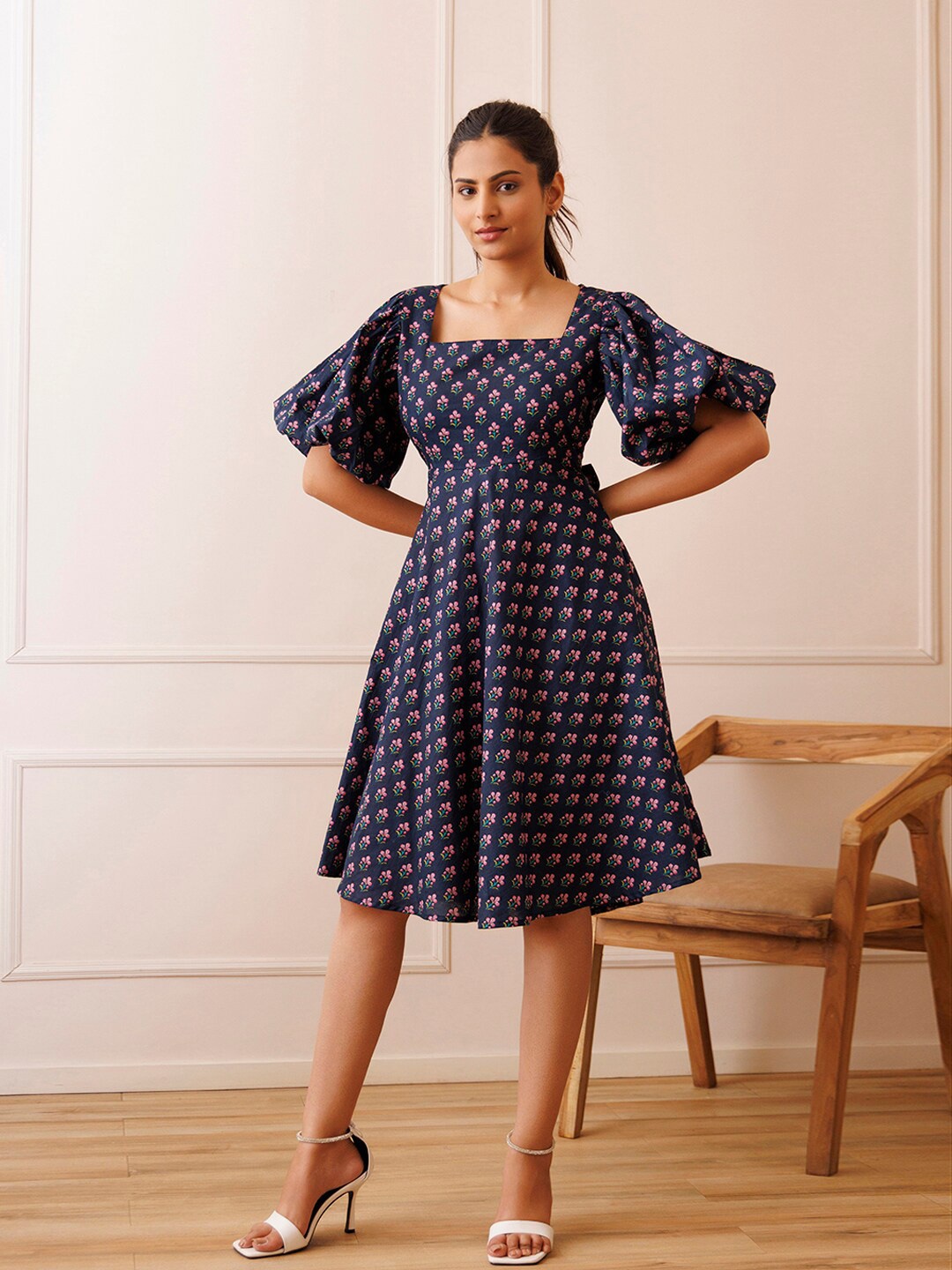 

Ragavi Floral Printed Puff Sleeve Cut Out Cotton Fit & Flare Dress, Blue