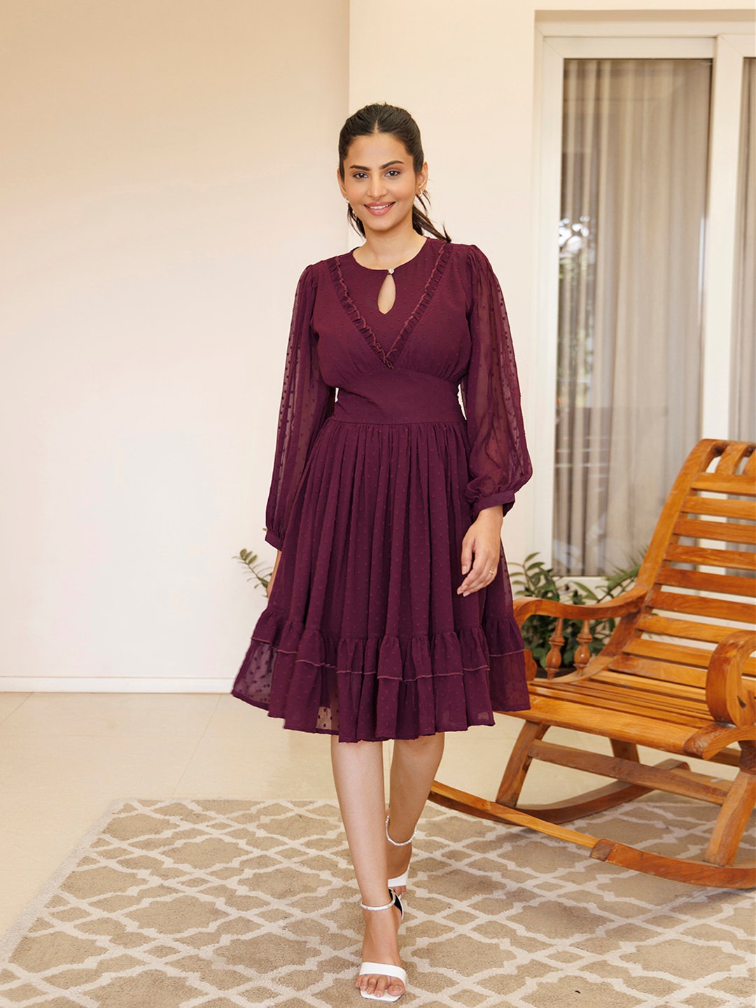 

Ragavi Self Design Keyhole Neck Puff Sleeve Chiffon Fit & Flare Dress, Purple