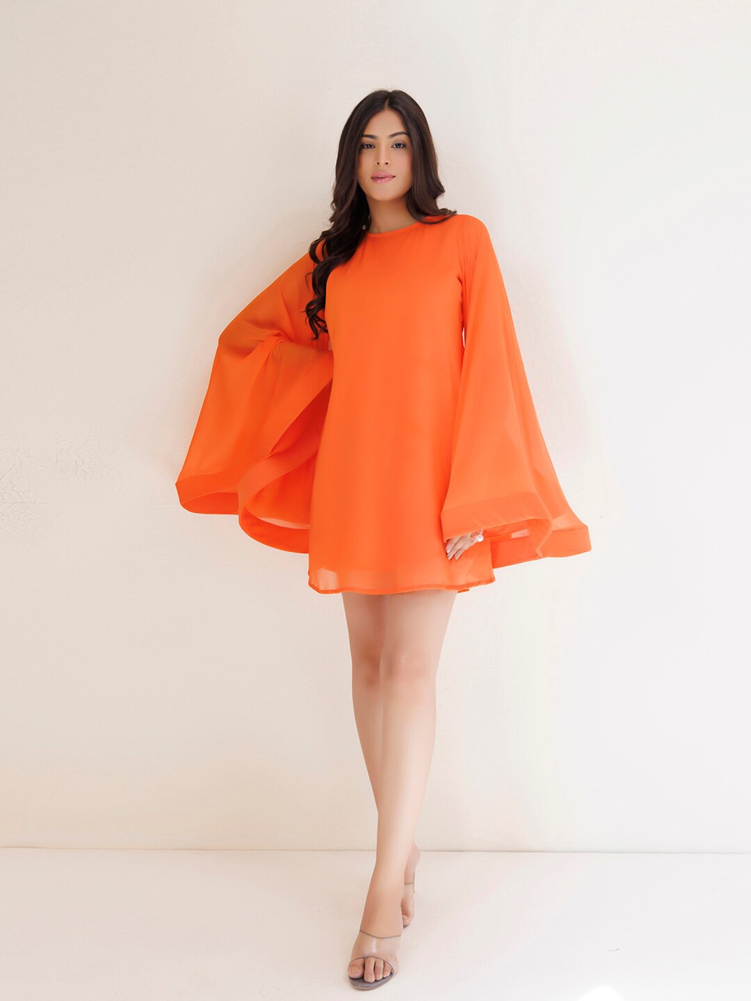 

Ragavi Cape Sleeve Chiffon A-Line Mini Dress, Orange
