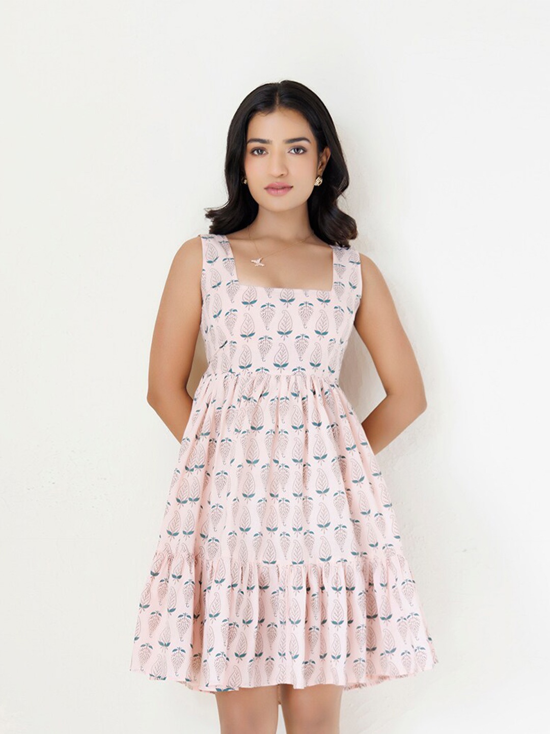 

Ragavi Floral Printed Sleeveless Cut Out Cotton Fit & Flare Dress, Pink