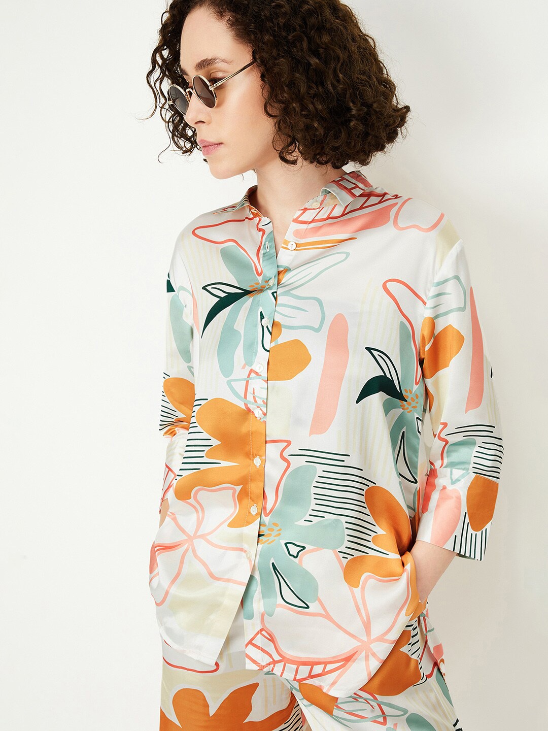 

max Floral Printed Mandarin Collar Curved Casual Shirt, Multi