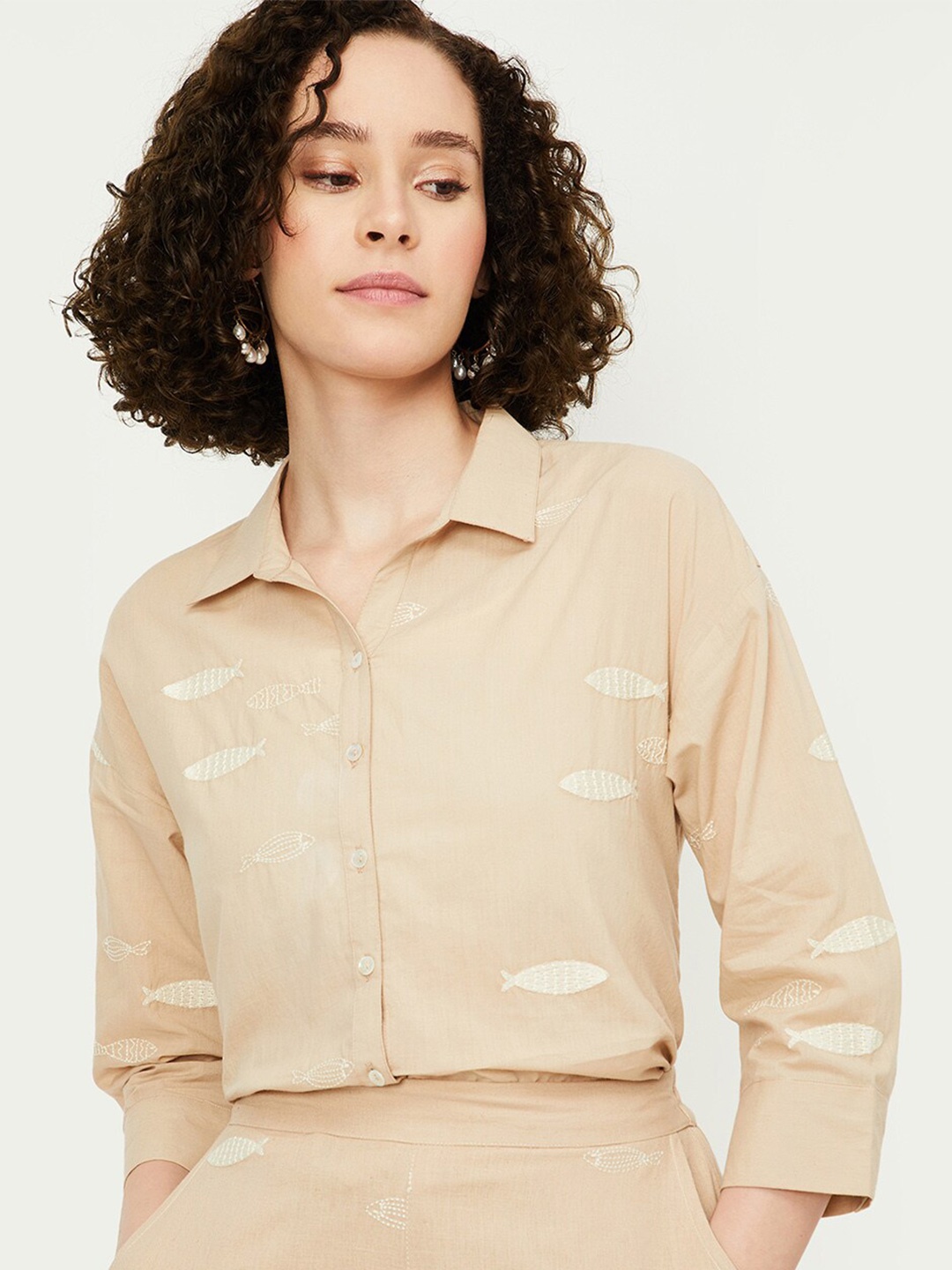 

max Textured Self Design Spread Collar Curved Casual Shirt, Beige