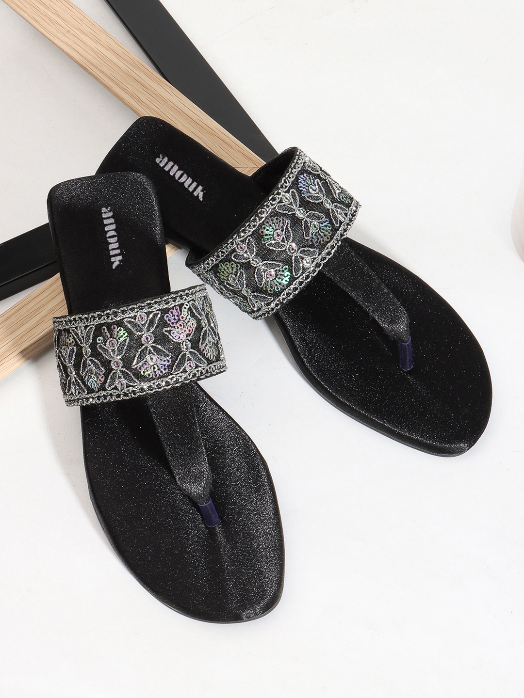

Anouk Embroidered Open Toe Flats, Black