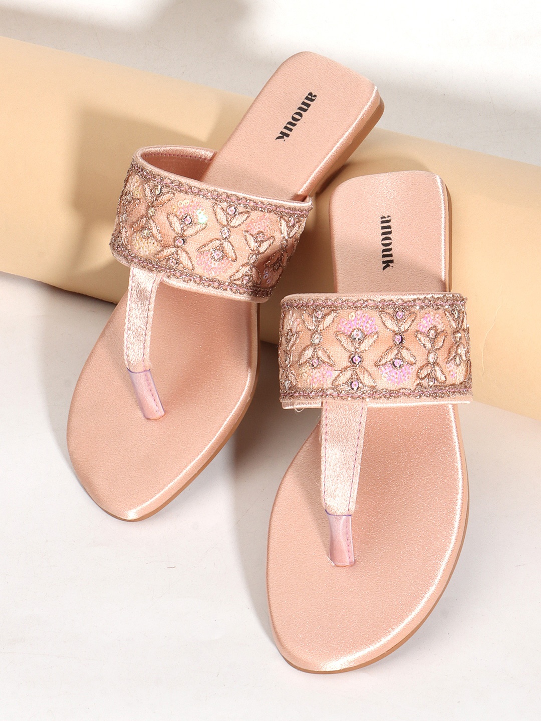 

Anouk Nude-Coloured Embellished Open Toe T-Strap Flats