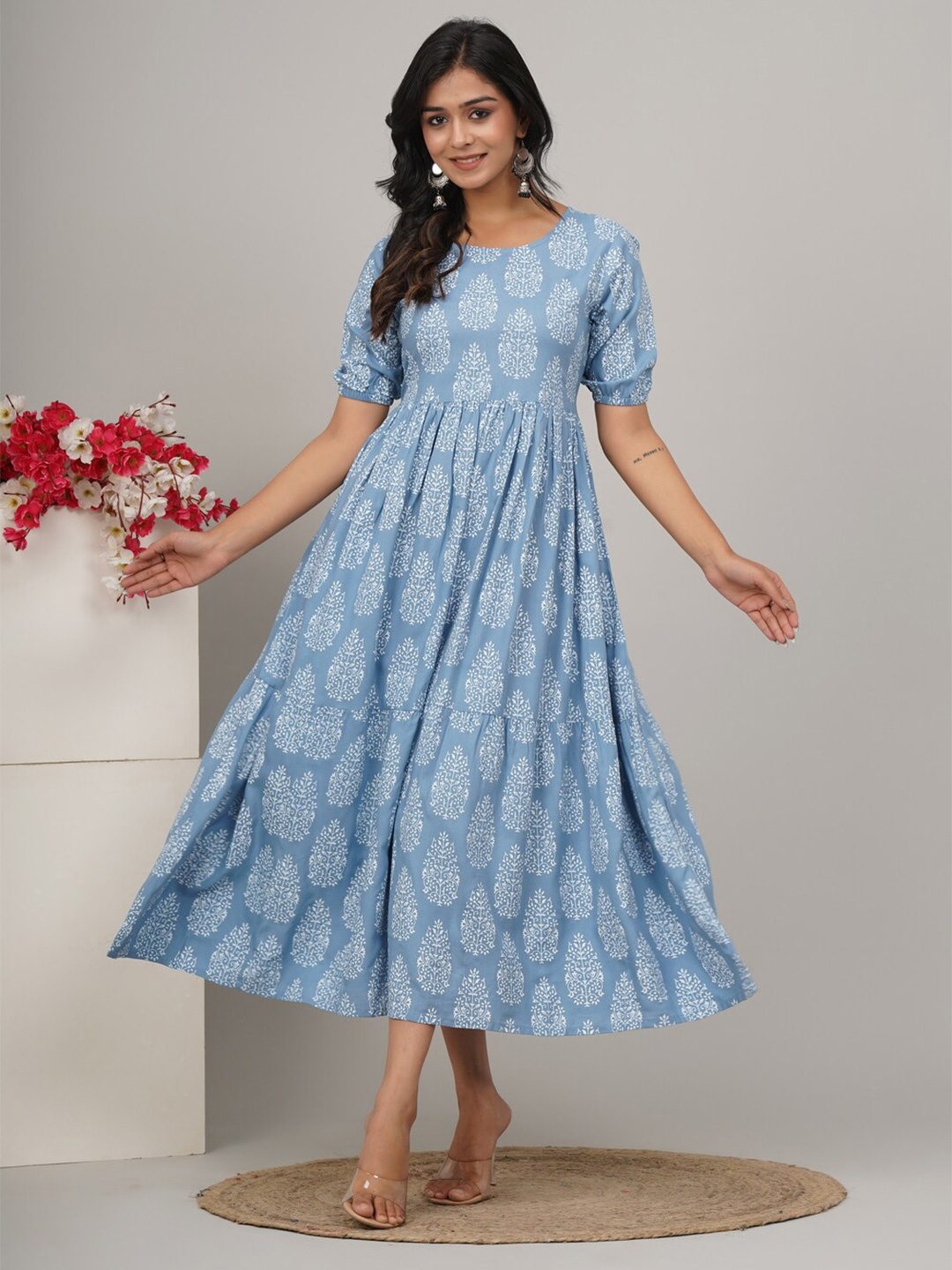 

Chaukas Ethnic Motifs Printed Round Neck Flared Cotton A-Line Midi Dress, Blue