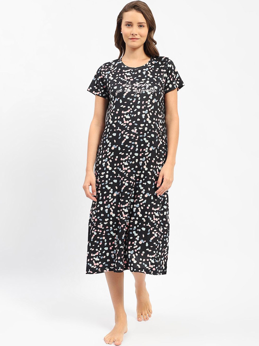 

MADAME M SECRET Geometric Printed Midi Nightdress, Black