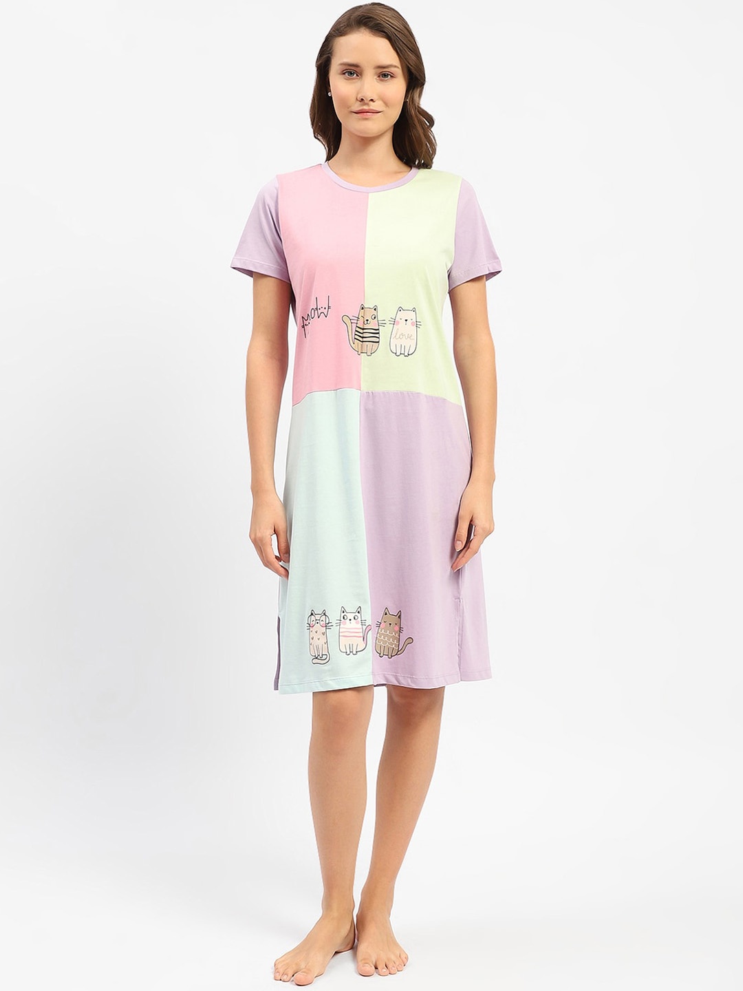 

MADAME M SECRET Colourblocked Pure Cotton T-shirt Nightdress, Mauve