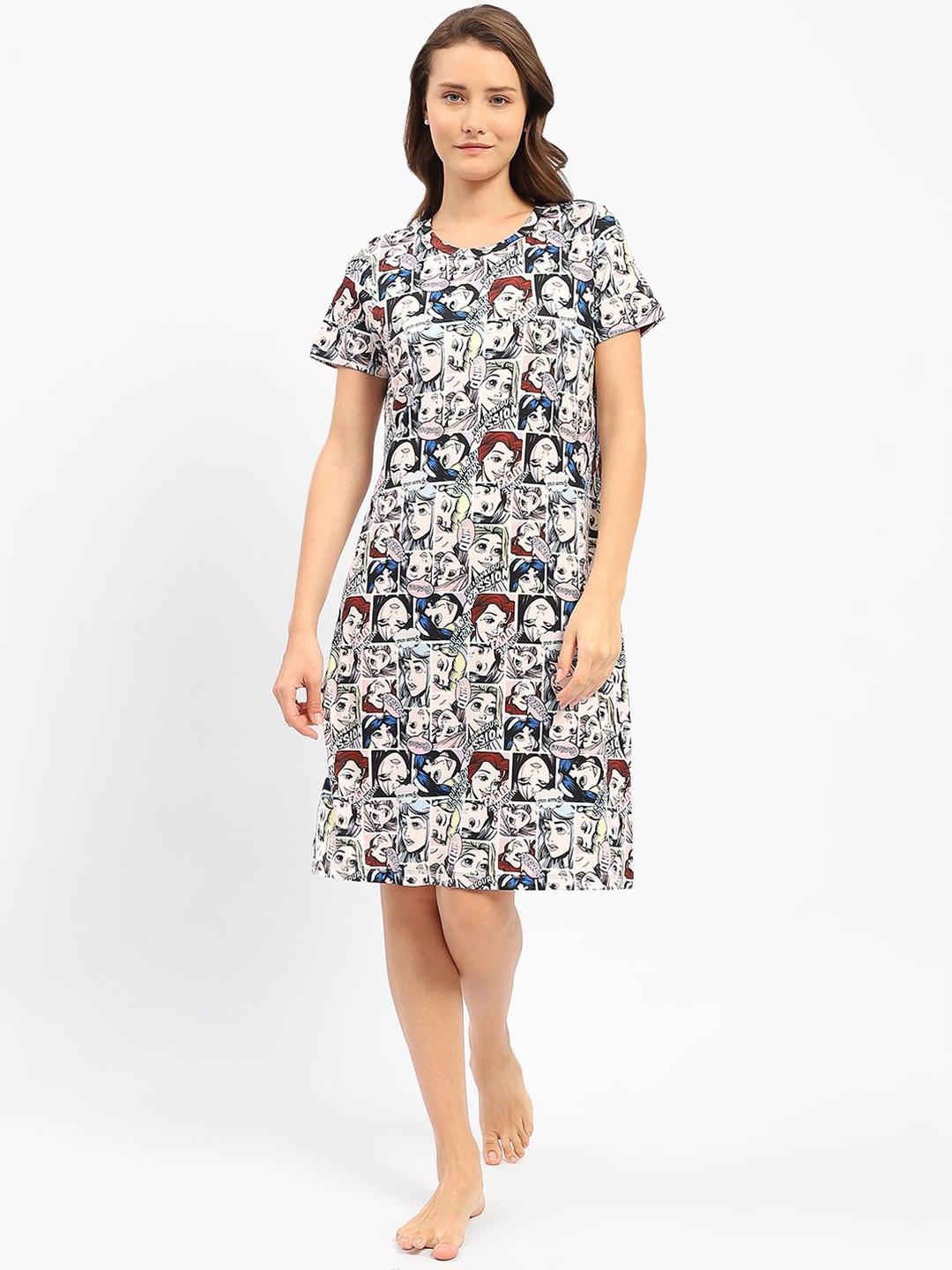 

MADAME M SECRET Graphic Printed Round Neck Nightdress, Black