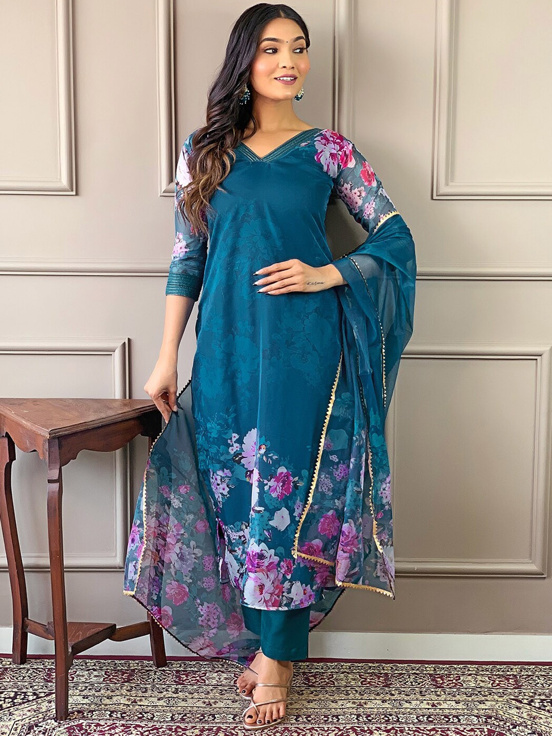 

KALINI Floral Printed Regular Kurta with Trouser & Dupatta, Teal