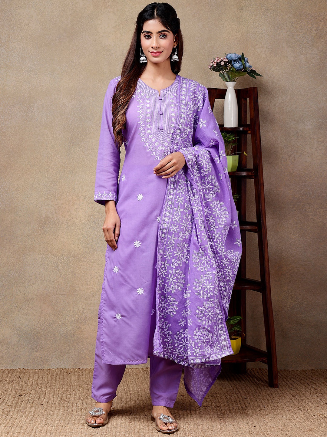 

KALINI Ethnic Motifs Embroidered Chikankari Pure Cotton Kurta with Trouser & Dupatta, Lavender