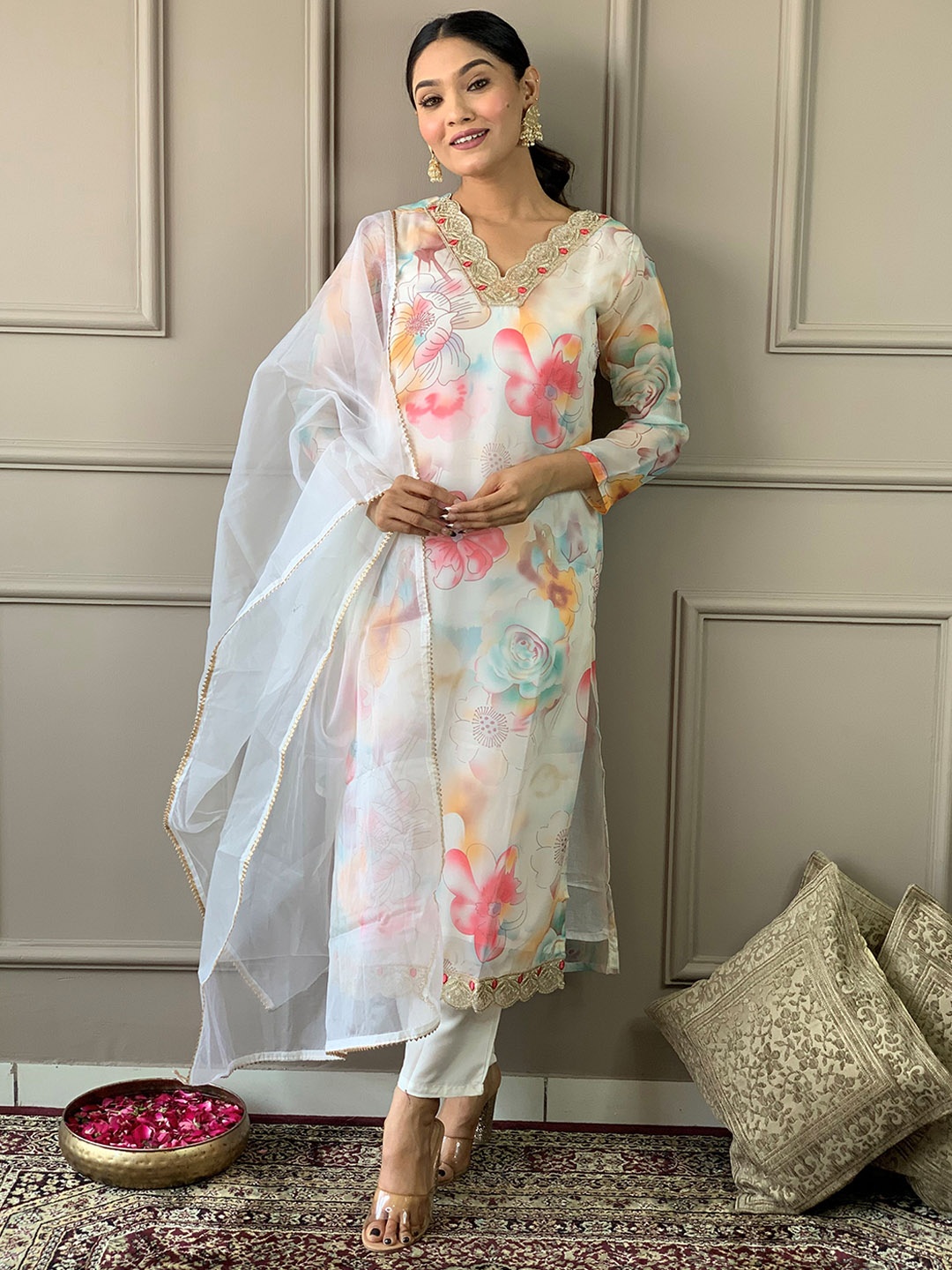 

KALINI Floral Printed Regular Thread Work Kurta with Trouser & Dupatta, Off white