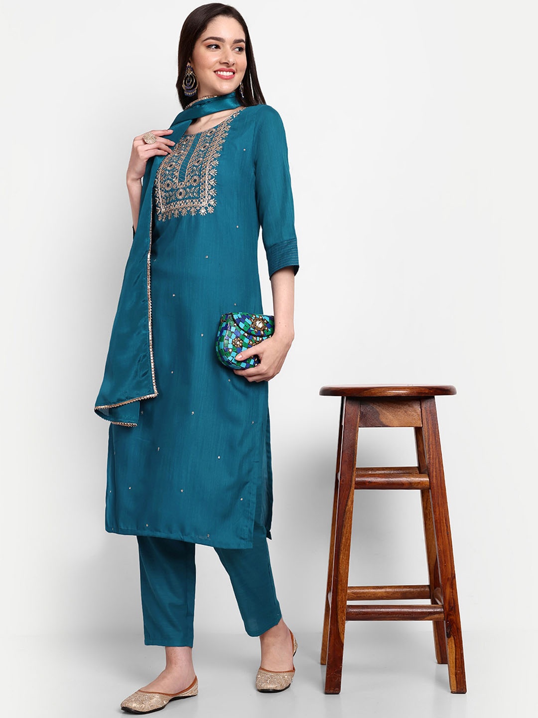 

KALINI Ethnic Motifs Embroidered Regular Thread Work Kurta with Trouser & Dupatta, Teal