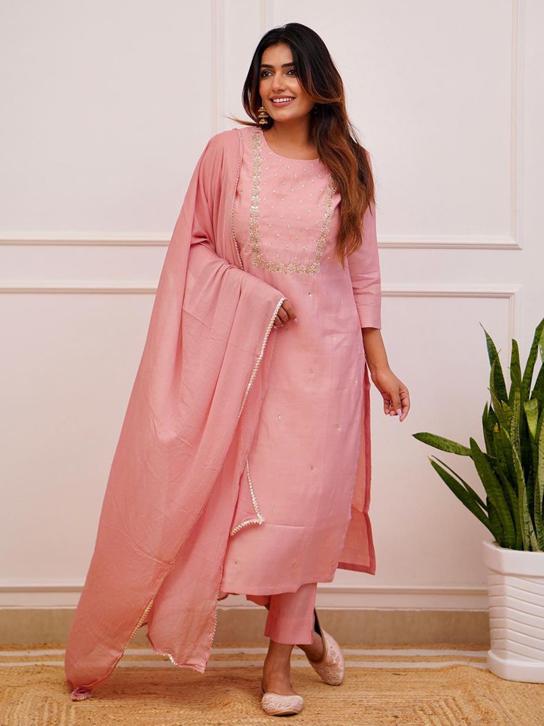 

KALINI Ethnic Motifs Yoke Design Regular Beads and Stones Kurta with Trouser & Dupatta, Peach