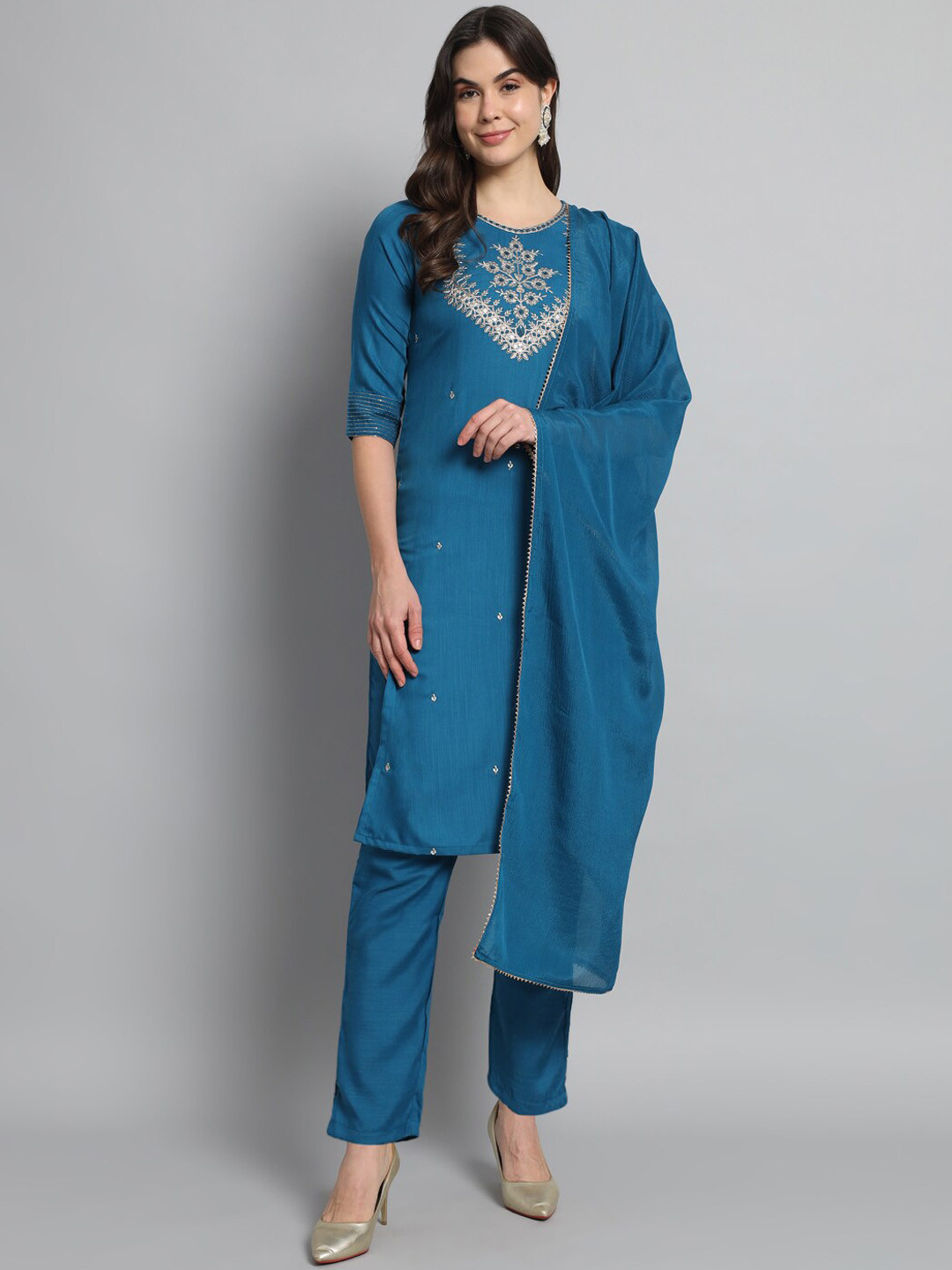 

KALINI Ethnic Motifs Embroidered Regular Thread Work Kurta with Trouser & Dupatta, Teal