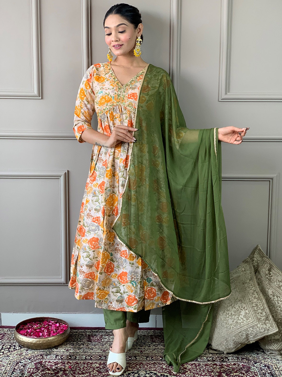 

KALINI Floral Printed Pleated Thread Work Anarkali Kurta With Trousers & Dupatta, Orange